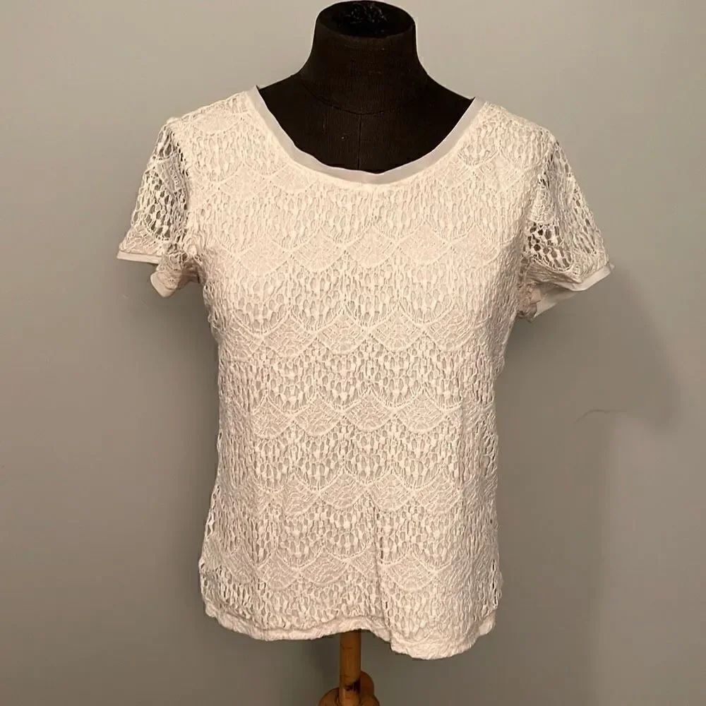 Verve Ami White Short Sleeve Lace Overlay Top